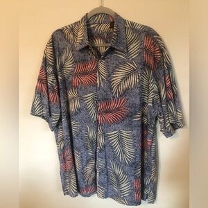 BAMBOO CAY Short-Sleeve Tropical Button-Down Shirt - Blue w Coral & Cream Leaves